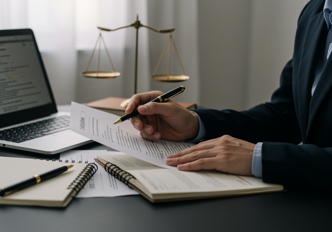Advogado analisando documentos de concurso público em mesa de trabalho, representando atuação jurídica especializada.