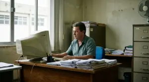 Servidor público estável trabalhando em repartição pública com documentos e computador