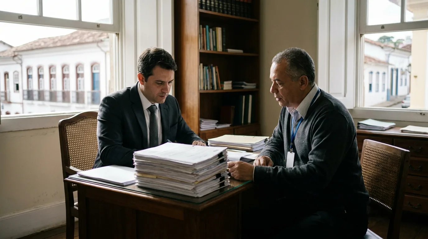 Advogado analisando processo de avaliação de estágio probatório com servidor público