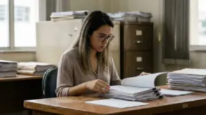 Servidora pública recém-empossada revisando documentos em repartição durante o estágio probatório