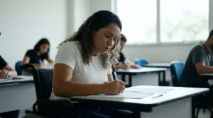 Candidata com deficiência realizando prova de concurso público em sala com acessibilidade