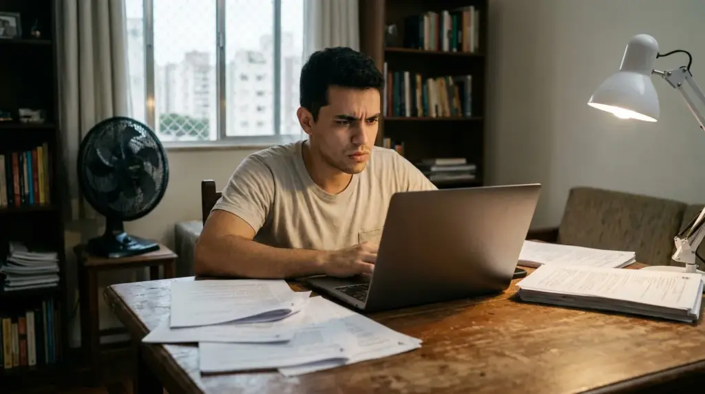 Candidato de concurso analisando a correção da prova discursiva para preparar o recurso