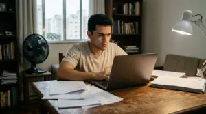 Candidato de concurso analisando a correção da prova discursiva para preparar o recurso