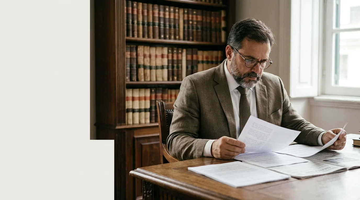 Advogado analisando edital e espelho de correção para avaliar ação judicial contra nota de prova discursiva