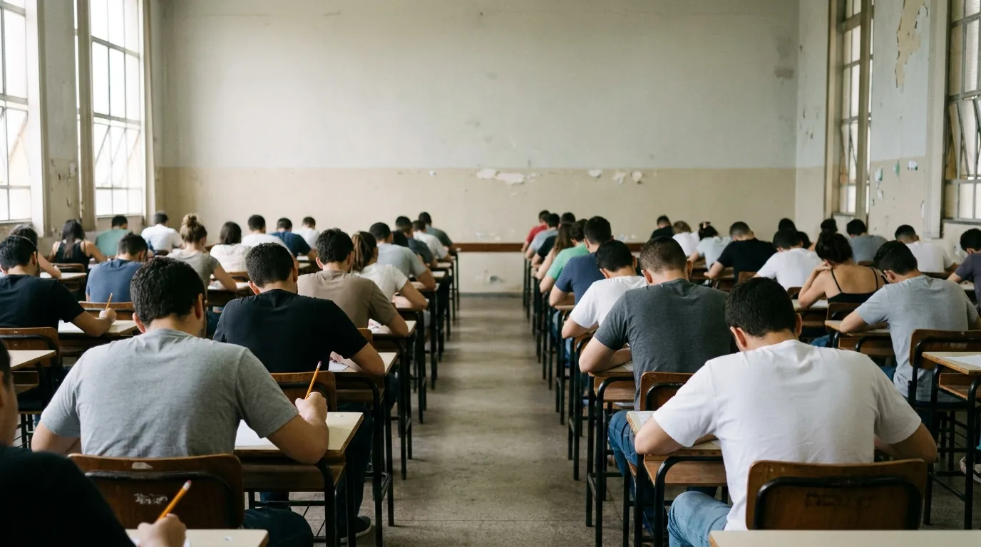 Candidatos realizando testes de avaliação psicológica em sala de concurso público