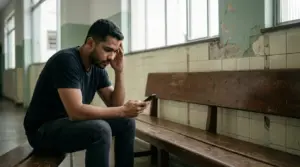 Candidato reprovado no psicotécnico do concurso lendo o resultado da avaliação psicológica
